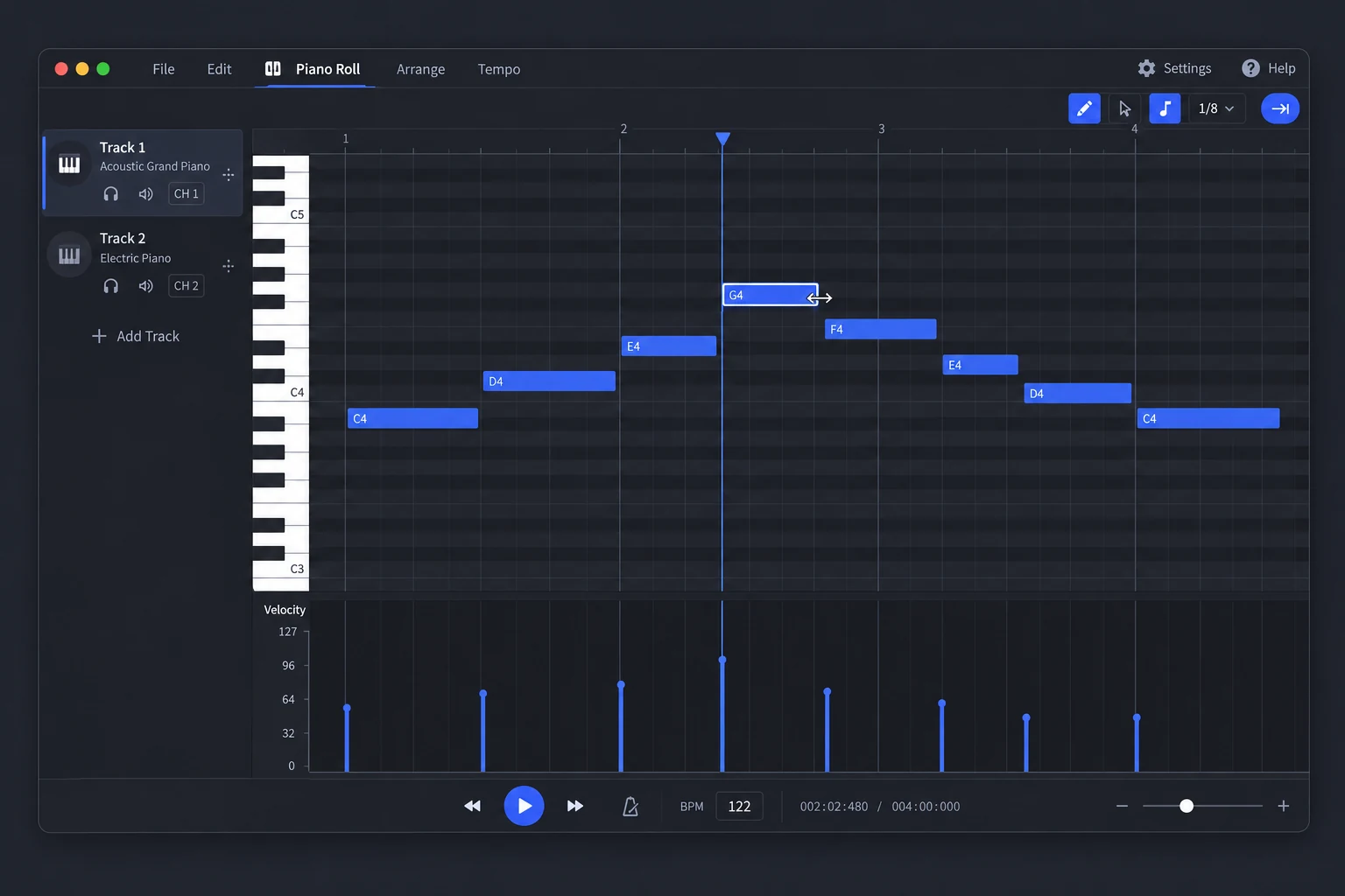 MIDI editor illustration showing editable piano-roll notes, note lengths and velocity controls