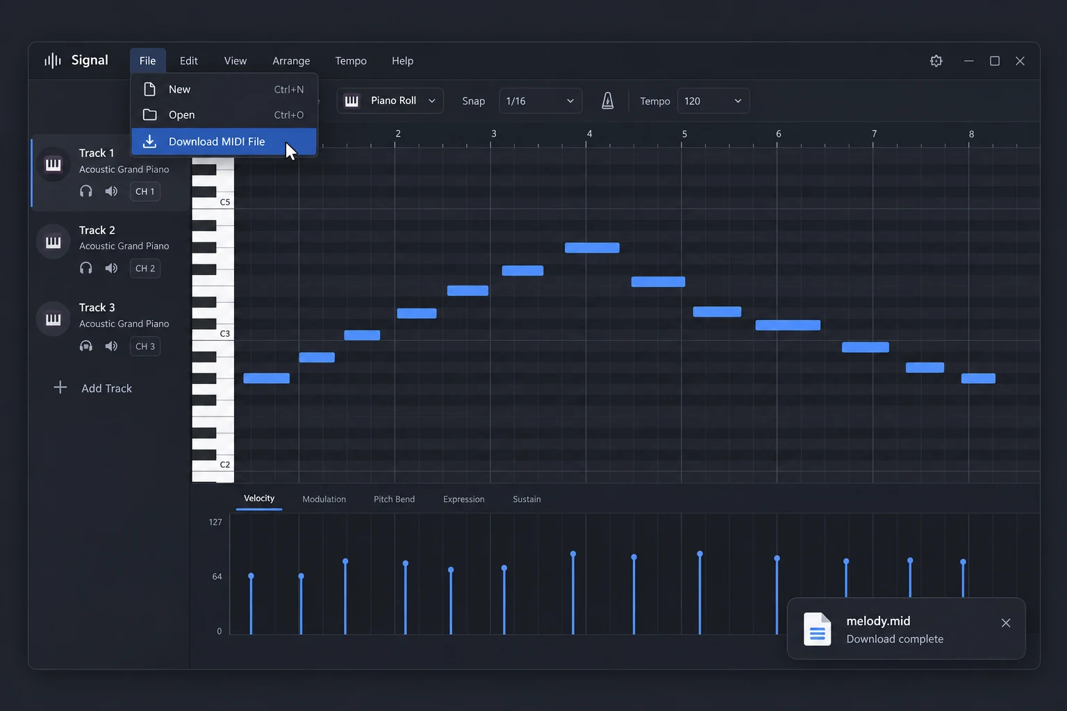 Illustration of File → Download MIDI File exporting the edited melody for free