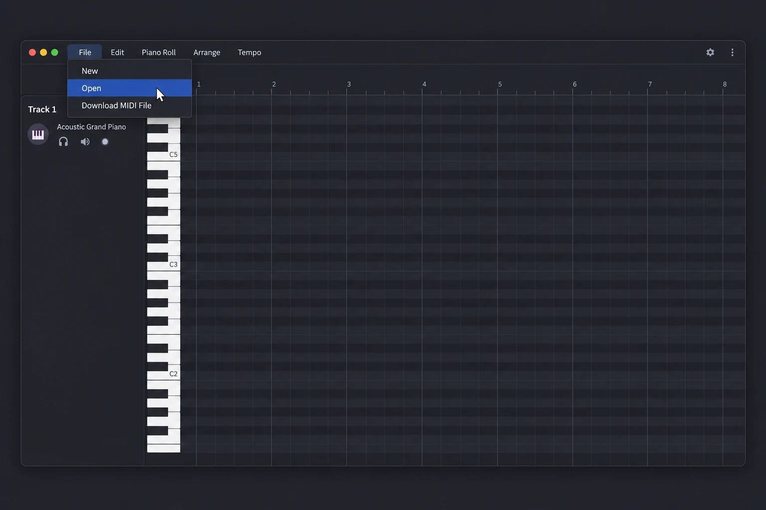 Illustration of File → Open in the free MIDI editor