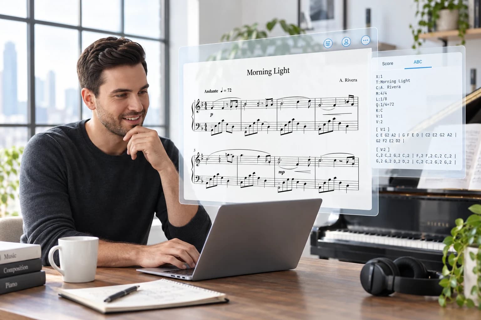 Gives you a sheet music image straight away