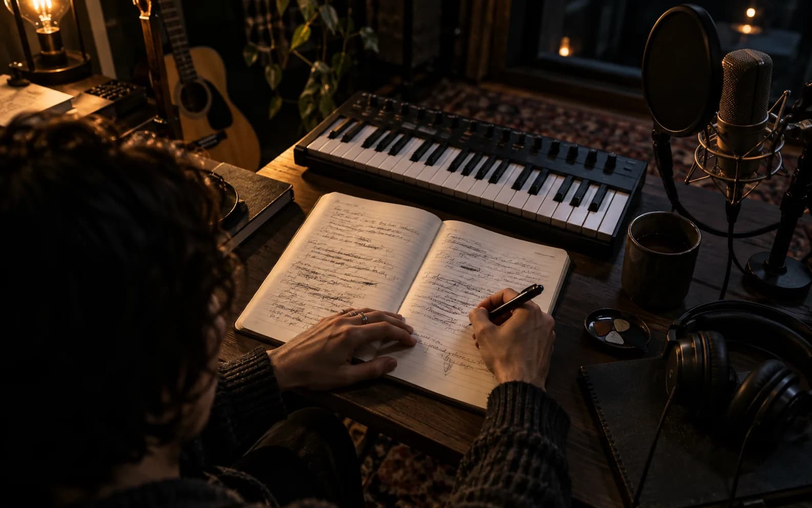 Songwriter revising lyrics beside a keyboard and microphone