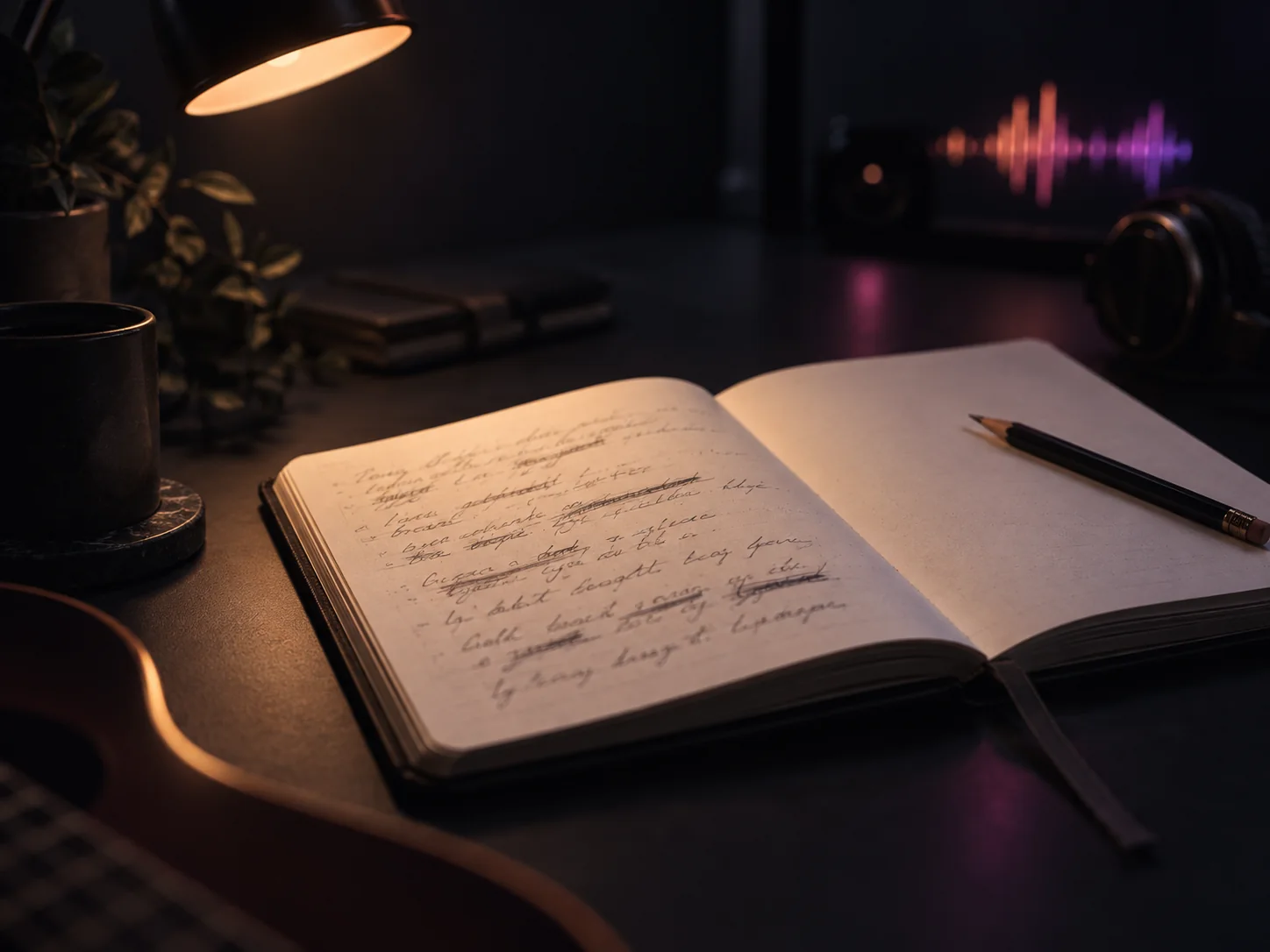 A lyric notebook with handwritten revisions