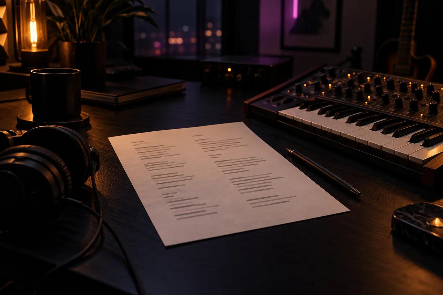 A new lyric draft beside music studio equipment