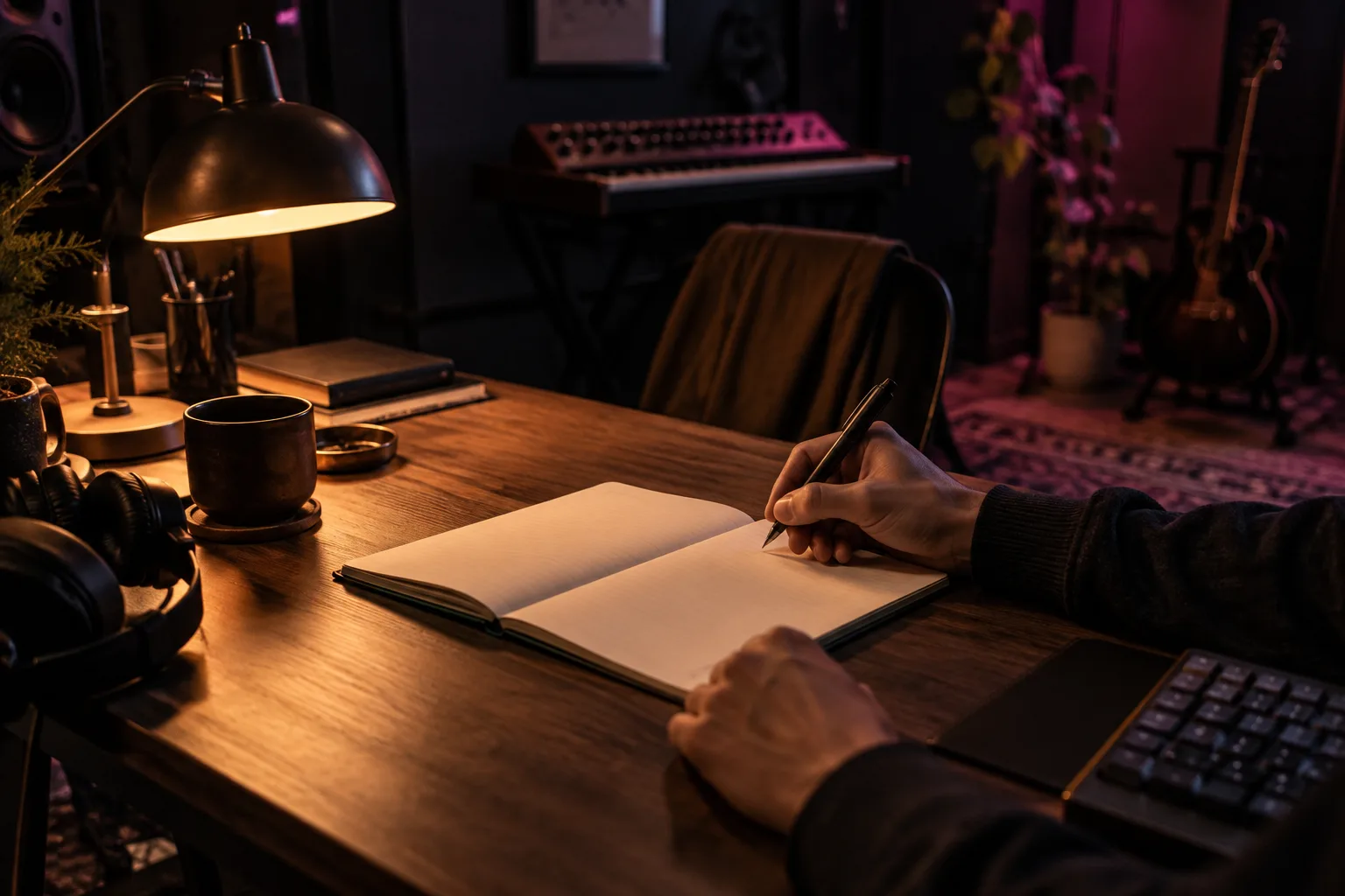Songwriter describing a lyric idea in a notebook