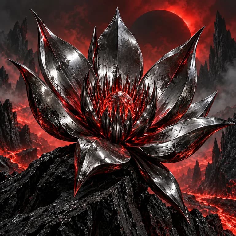 Chrome flower on volcanic stone with red light, Cyber Metal cover