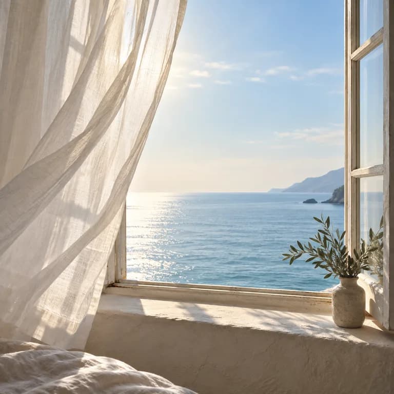 Sheer curtain beside a calm ocean window, Easy Listening cover