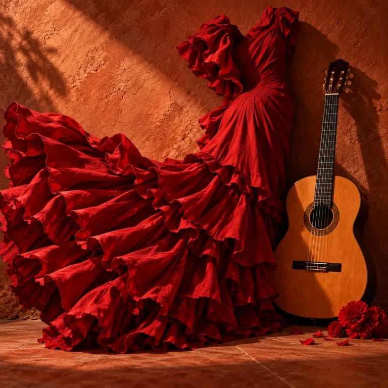 Red flamenco fabric and Spanish guitar against terracotta, Flamenco cover
