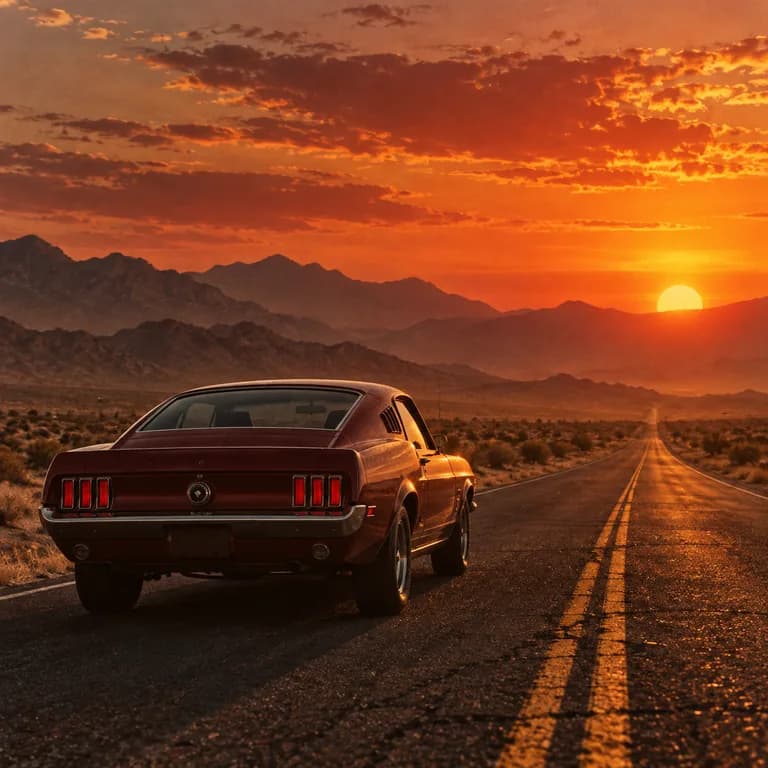 Vintage red car on a desert highway at sunset, Heartland Rock cover