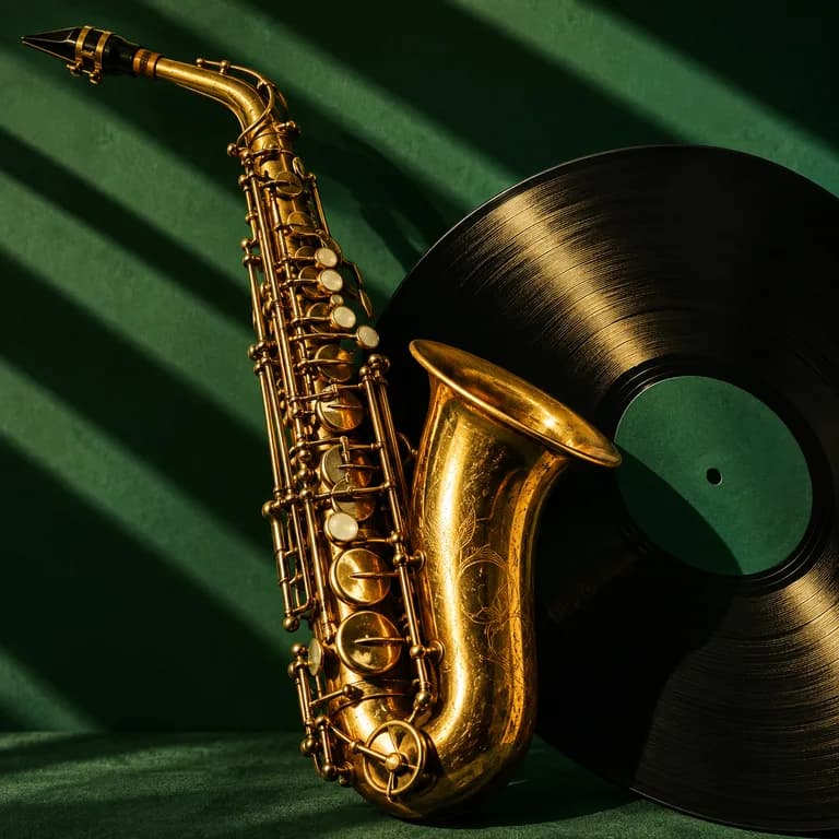 Golden saxophone and vinyl record on green, Jazz-Funk cover