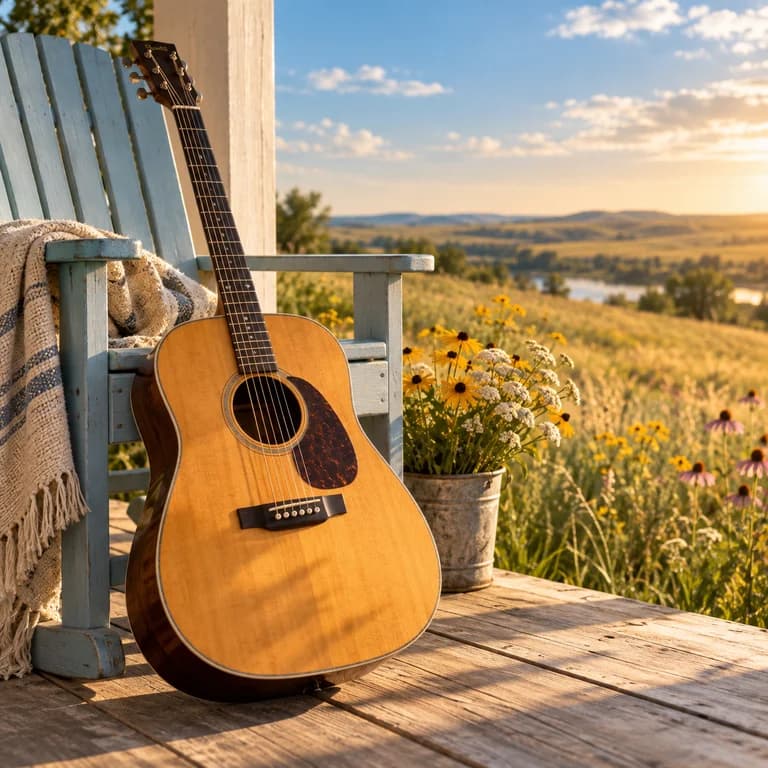 Acoustic guitar on a blue porch chair overlooking a sunny meadow