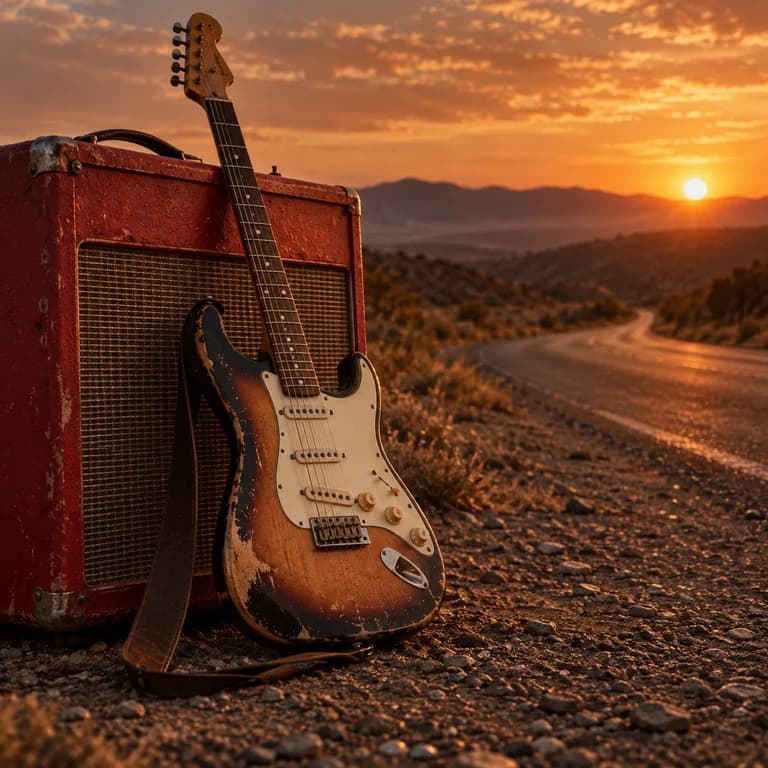 Electric guitar and red amplifier beside a road at sunset