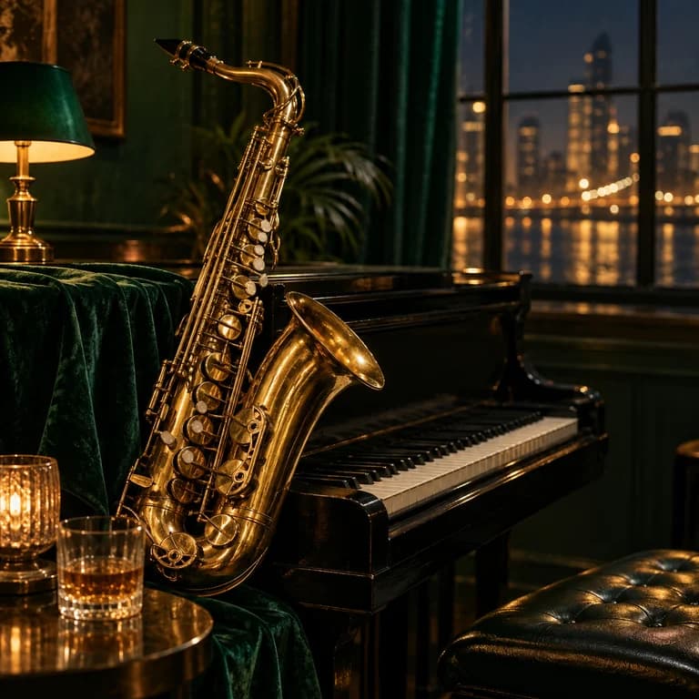 Brass saxophone beside a piano in an emerald-lit room