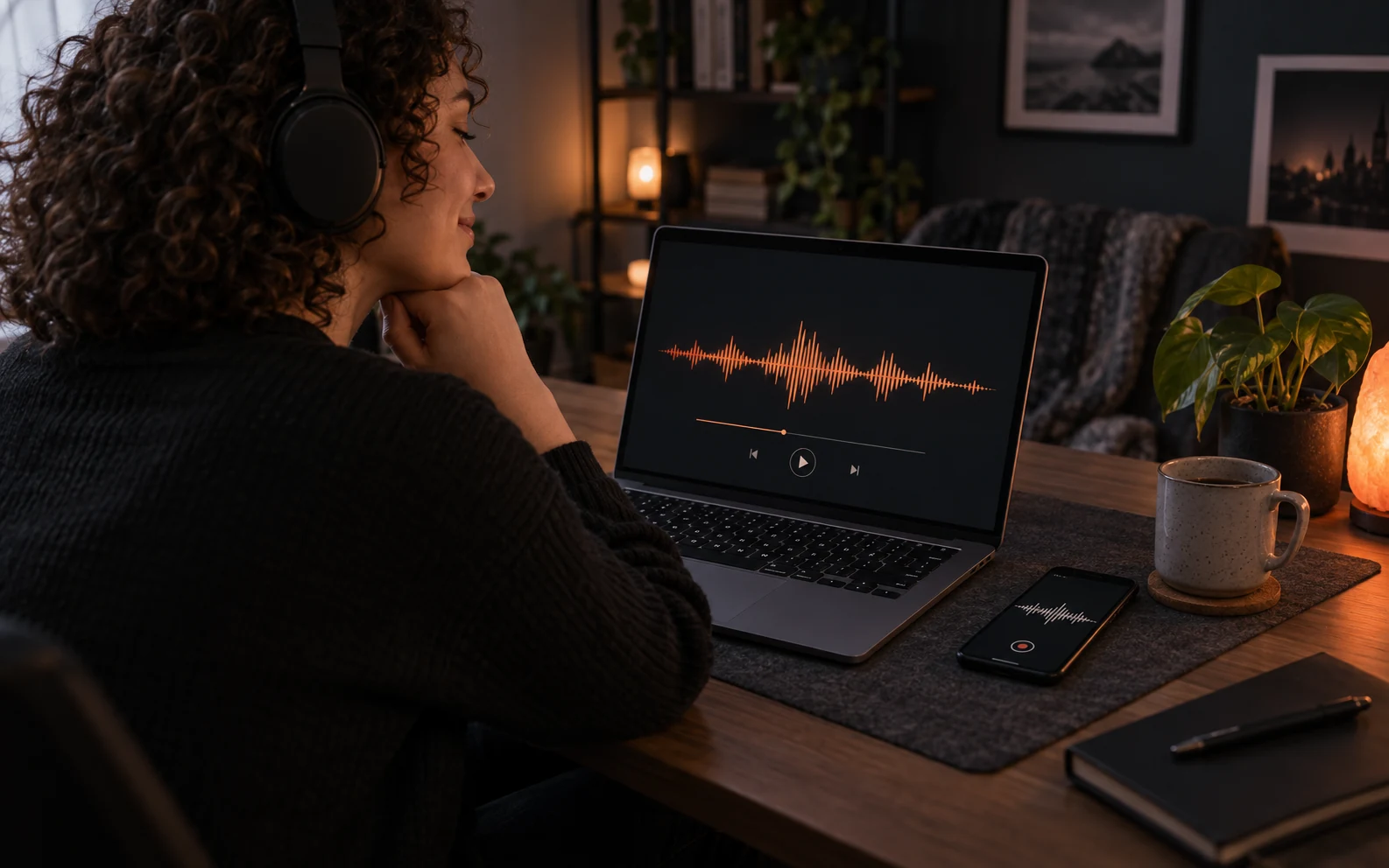 A beginner listens to a first song on a laptop with a phone recording nearby