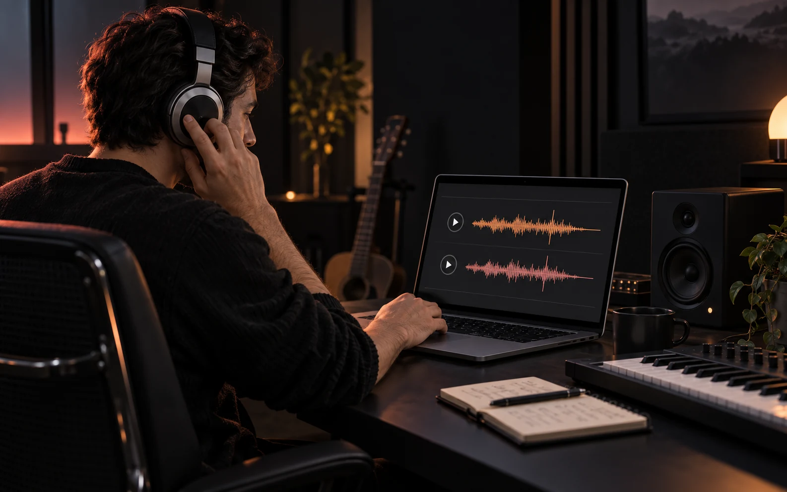 A producer listens to song ideas with headphones in a studio