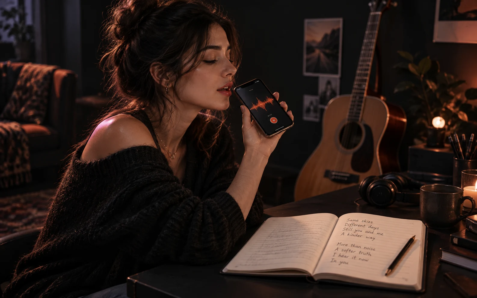 A songwriter records a hummed melody on a phone beside a lyric notebook
