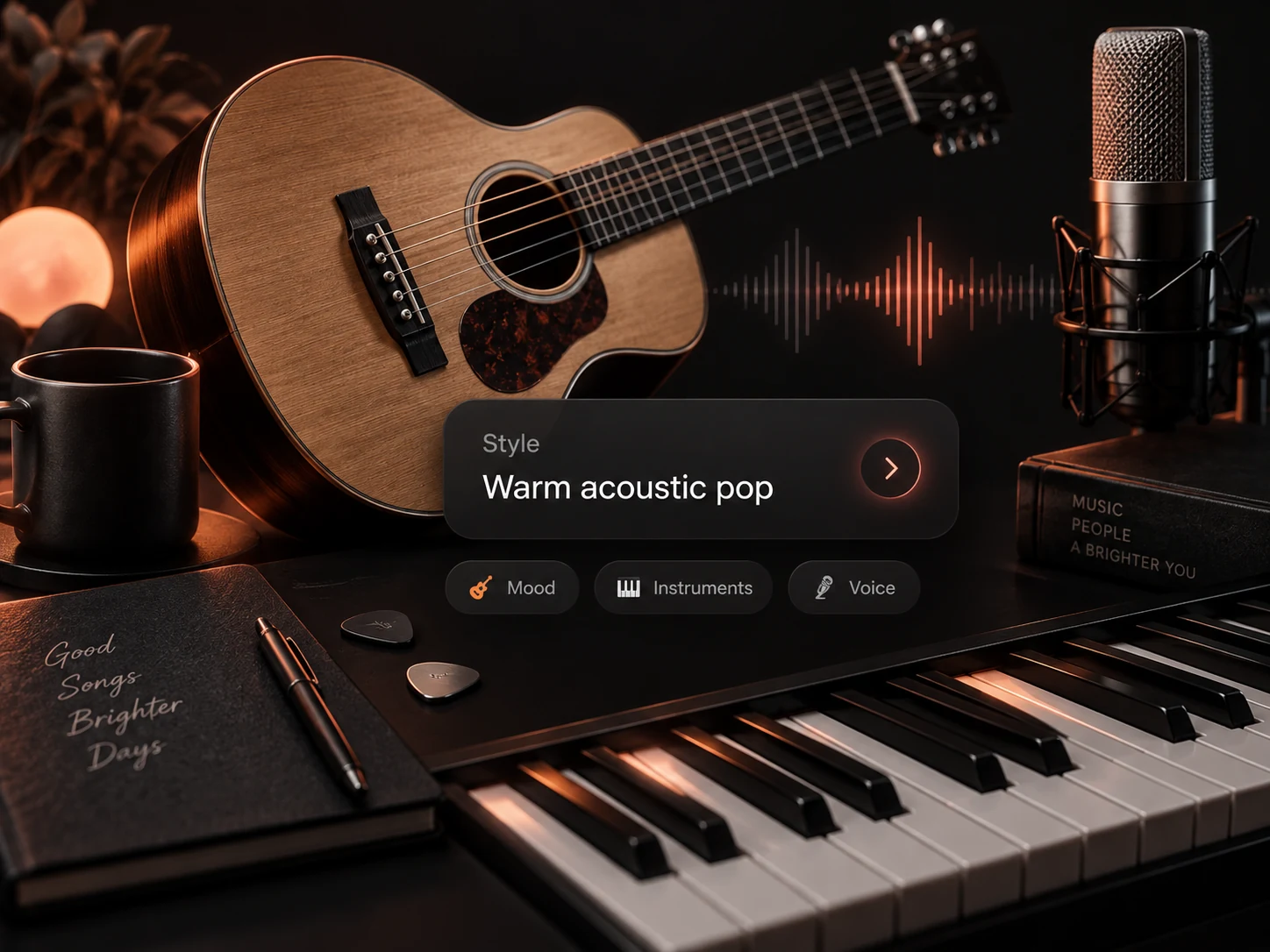 Describe mood, instruments and voice to guide the musical style