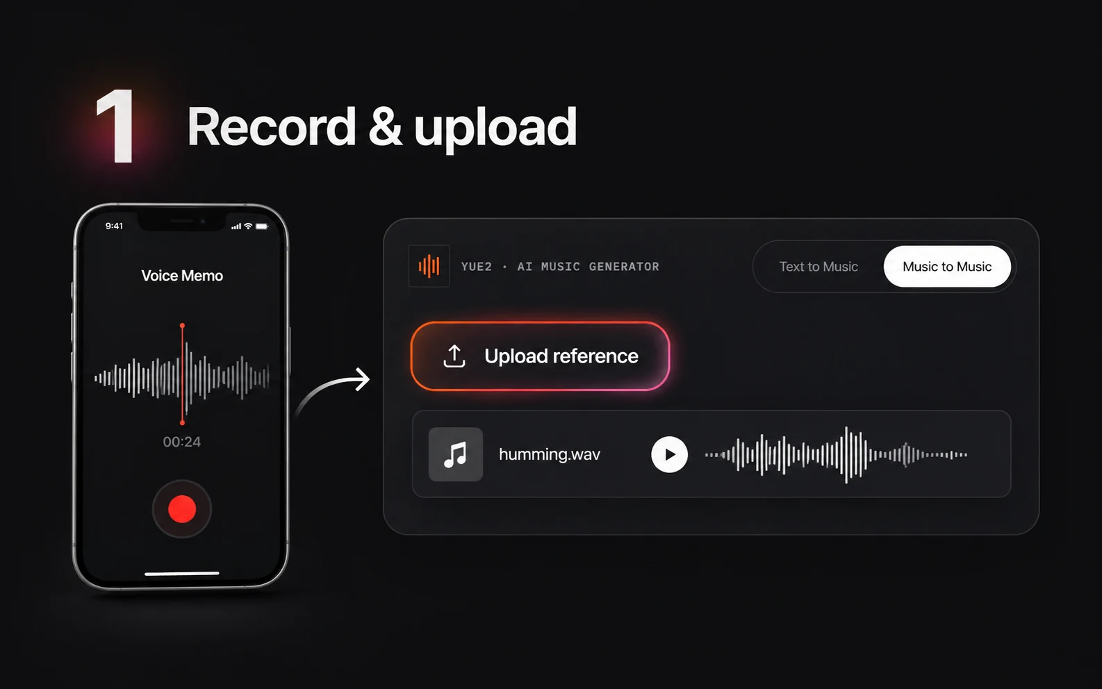 Step 1: record a hummed melody on your phone and upload it as reference audio in Music to Music