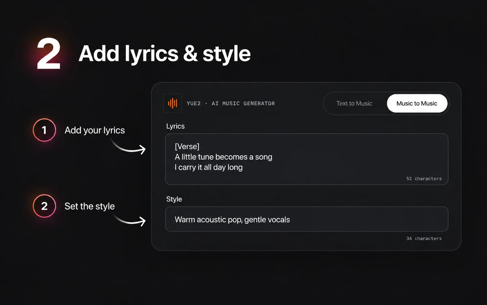 Step 2: add your lyrics and describe the musical style