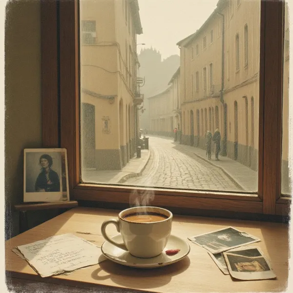 Coffee, letters and a window onto a quiet street, suggesting an original song from memory