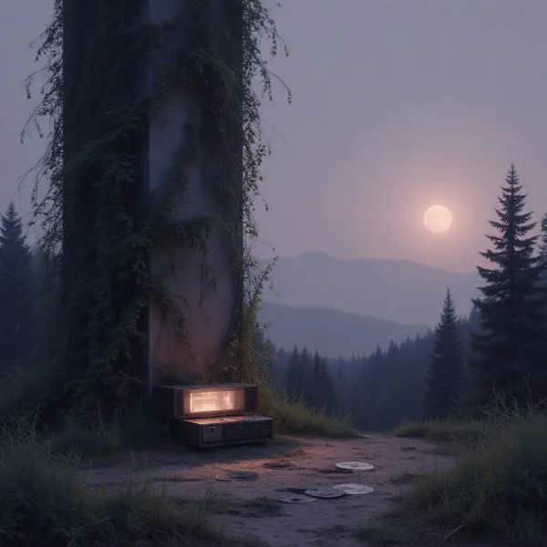 A forest radio and scattered records at dusk, suggesting a new musical setting