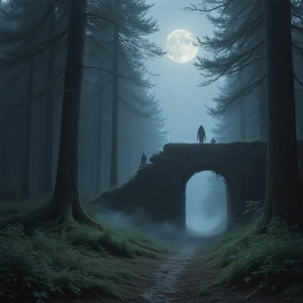 Moonlit forest, mist and a distant figure on a stone bridge