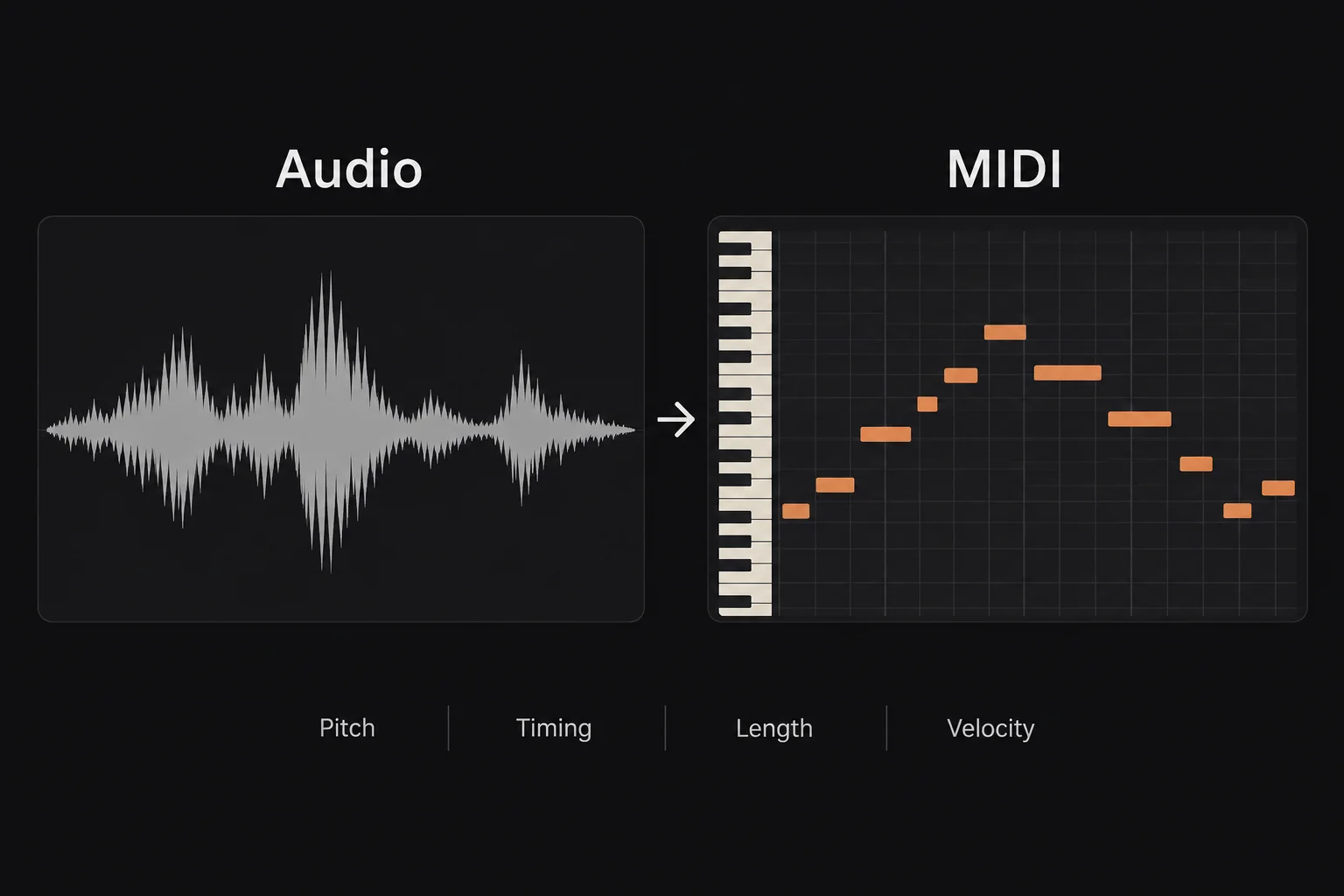 Audio waveform converted into editable MIDI notes with pitch, timing, length and velocity