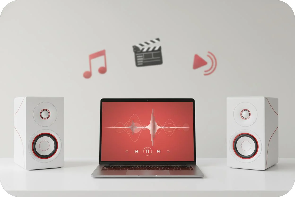 Audio file playback on a laptop with studio speakers