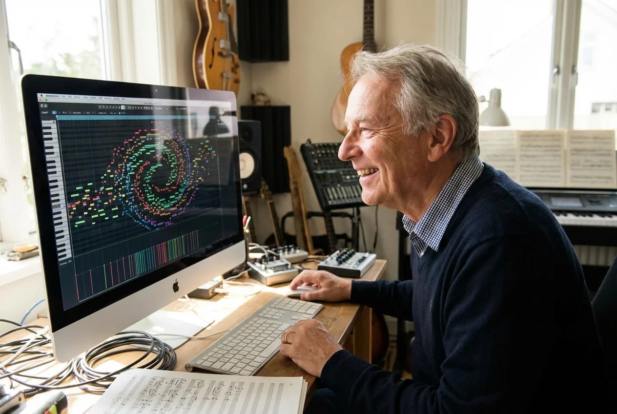Music creator working with audio on a computer