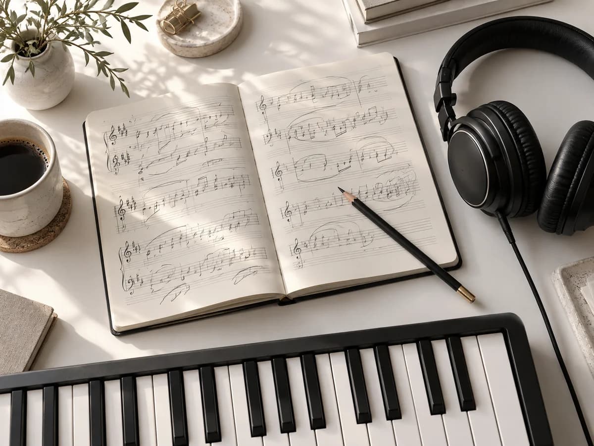 Illustration of composition: a music notebook, keyboard and headphones on a desk