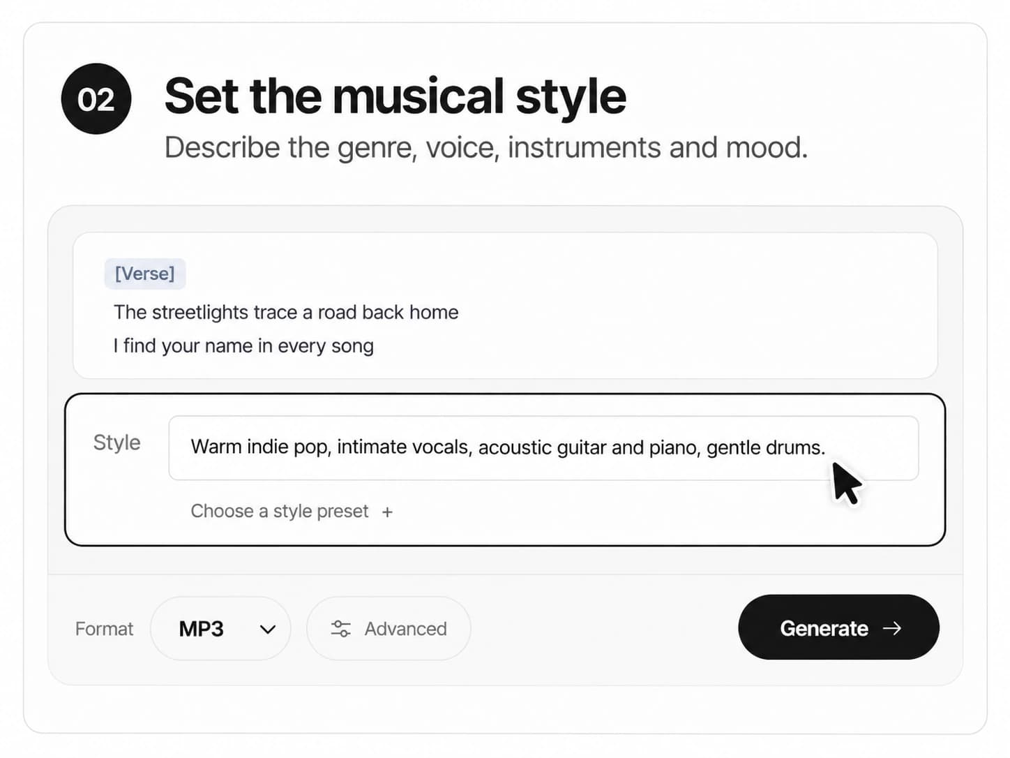 Step 2: describe the genre, voice, instruments and mood in Style