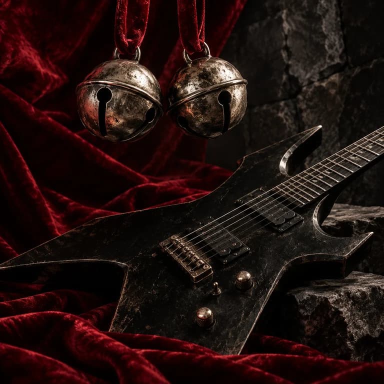 Silver sleigh bells above a black electric guitar on red velvet