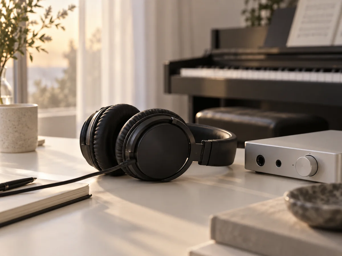 Headphones and an audio interface beside a piano, illustrating critical listening