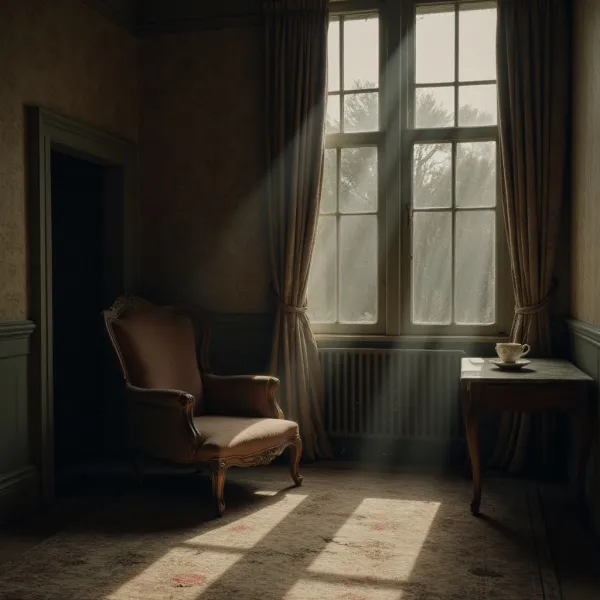 An empty room with an armchair, window light and a cup on the table