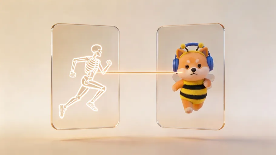 A figure wearing headphones, suggesting motion inside a generated performance